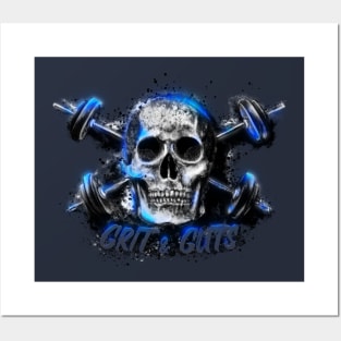 Grit and Guts Skull Neon Blue Posters and Art